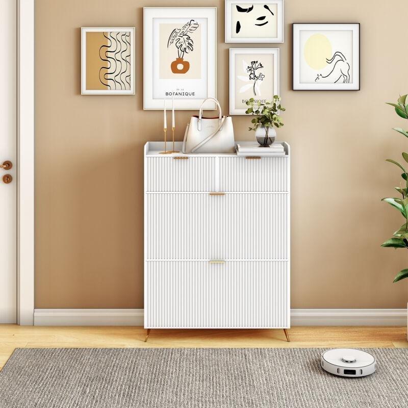 Beyaz Gold Metal Ayaklı 2 Çekmeceli Düşer Kapaklı Ahşap Ayakkabılık - 80x24x110 cm - 119053