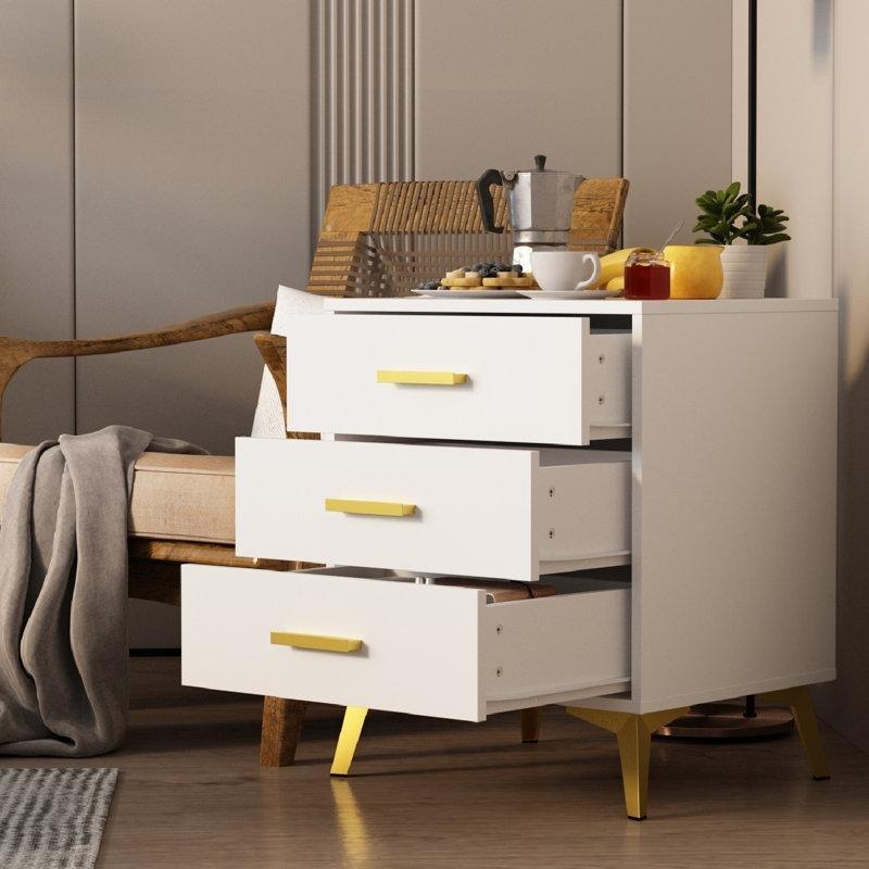 Beyaz Gold Metal Ayaklı 3 Çekmeceli Ahşap Komodin - 50x40x60 cm - 127436