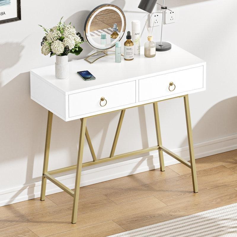 Beyaz Gold Metal Ayaklı İki Çekmeceli Modern Makyaj Masası - 90x40 cm - 121411