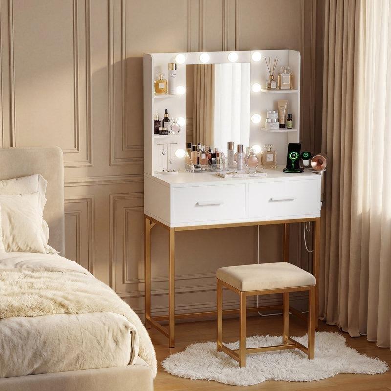 Beyaz Gold Metal Ayaklı LED Işıklı ve Priz Girişli Çekmeceli Makyaj Masası - 80x40x136 cm - 121807
