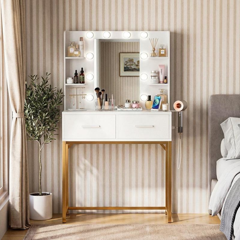 Beyaz Gold Metal Ayaklı LED Işıklı ve Priz Girişli Çekmeceli Makyaj Masası - 80x40x136 cm - 121807