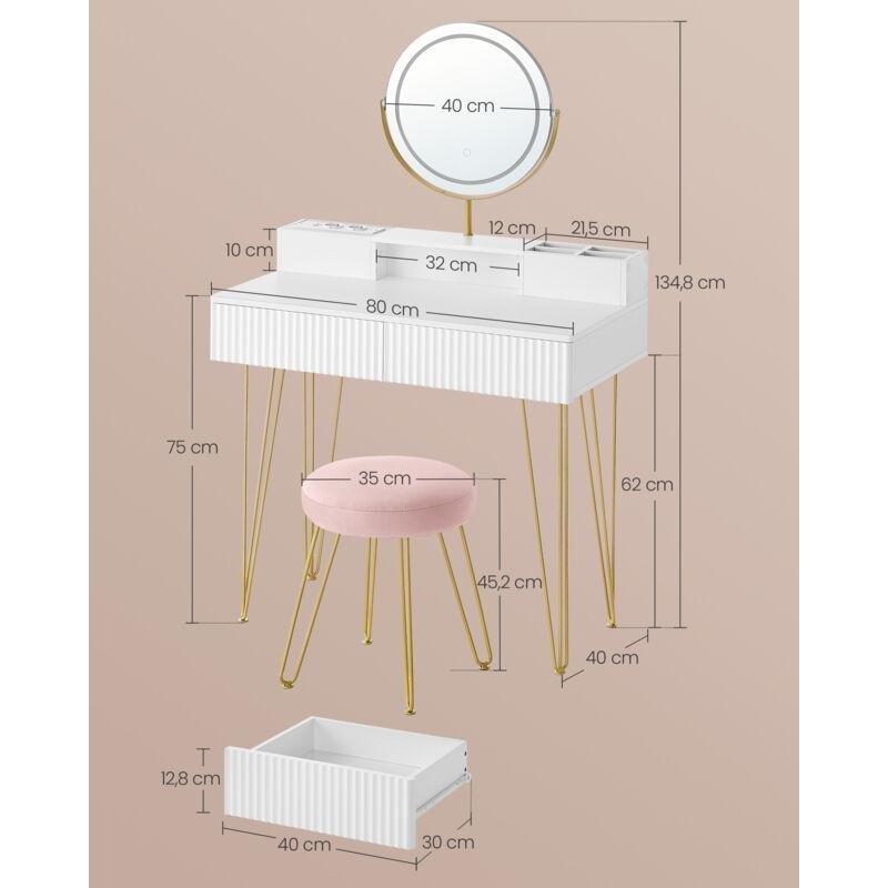 Beyaz Gold Metal Ayaklı LED Işıklı ve Prizli Makyaj Masası - 80x40x135 cm - 122073