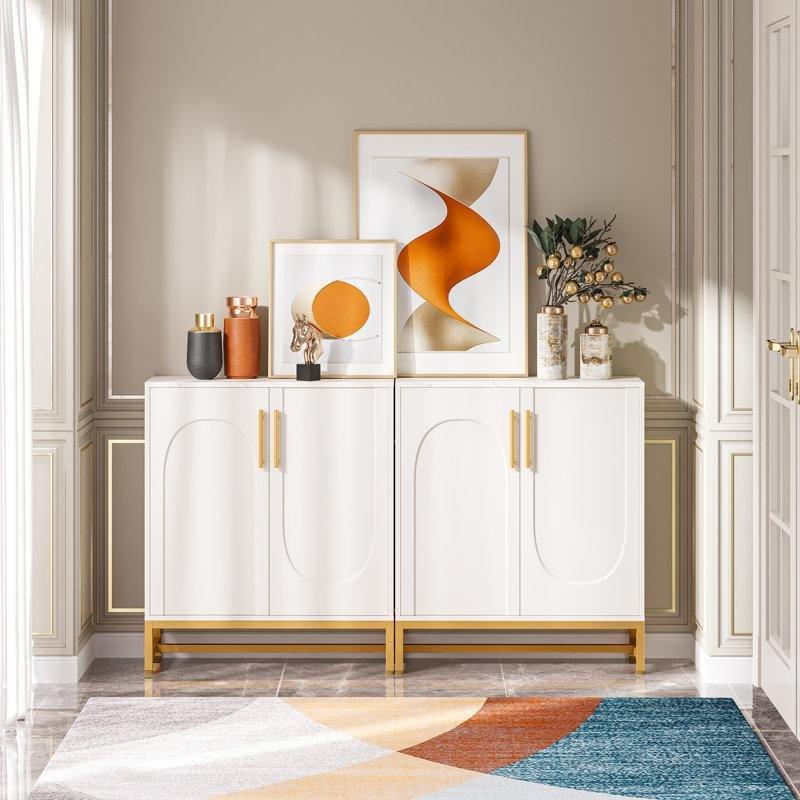 Beyaz Gold Metal Ayaklı MDF Ayarlanabilir Raflı Gold Konsol - 150x35x91 cm - 129040