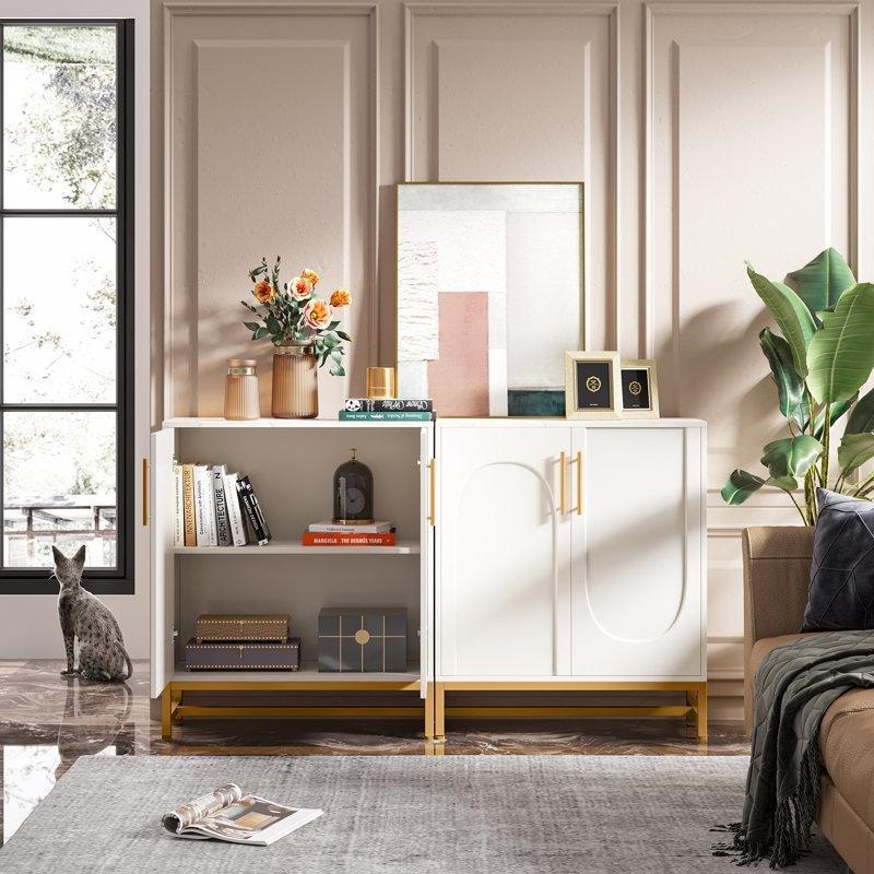 Beyaz Gold Metal Ayaklı MDF Ayarlanabilir Raflı Gold Konsol - 150x35x91 cm - 129040
