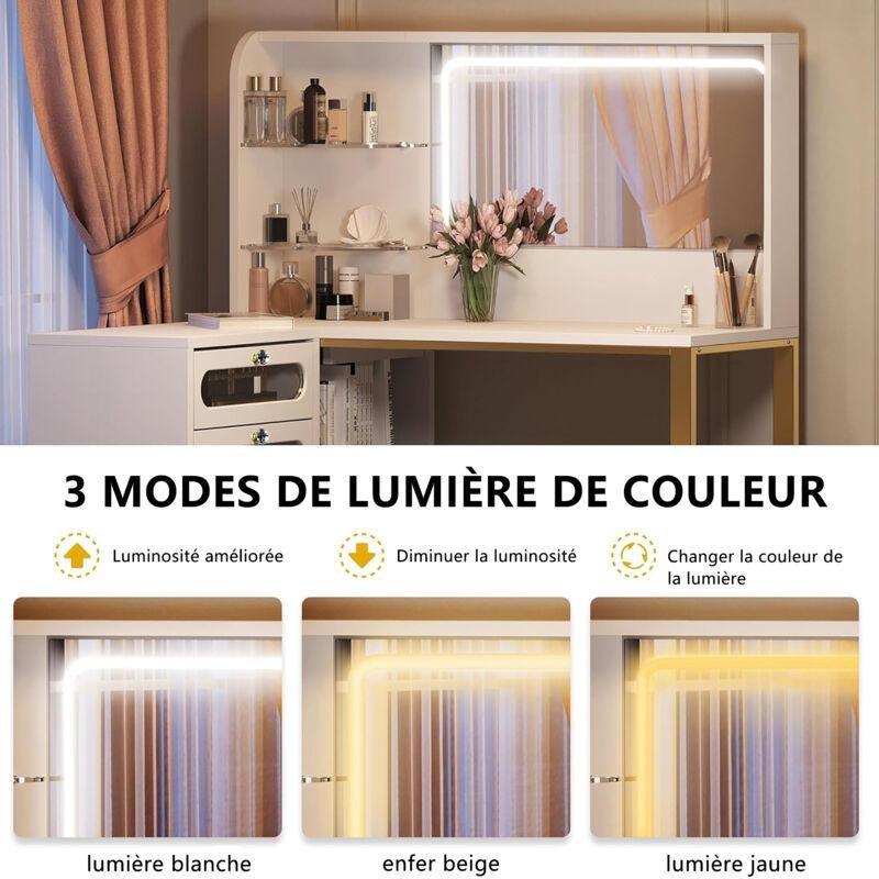 Beyaz Gold Metal İskeletli L Tipi LED Işıklı Aynalı ve Tabureli Makyaj Masası - 120x80 cm - 121961