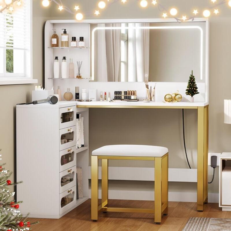 Beyaz Gold Metal İskeletli L Tipi LED Işıklı Aynalı ve Tabureli Makyaj Masası - 120x80 cm - 121961