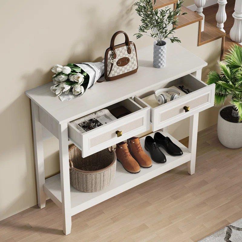 Beyaz Gri Endüstriyel Ahşap 2 Çekmeceli Alt Raflı Rattan Dresuar - 100x36x82 cm - 132519