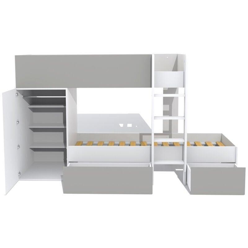 Beyaz Gri Endüstriyel Ahşap Dolaplı ve Çekmeceli Ranza - 90x190 cm - 125349