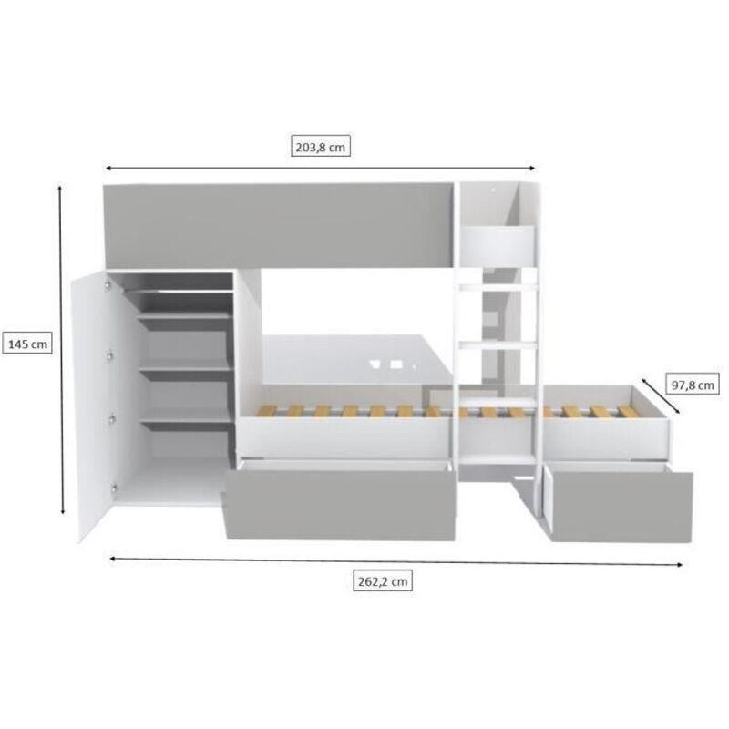 Beyaz Gri Endüstriyel Ahşap Dolaplı ve Çekmeceli Ranza - 90x190 cm - 125349
