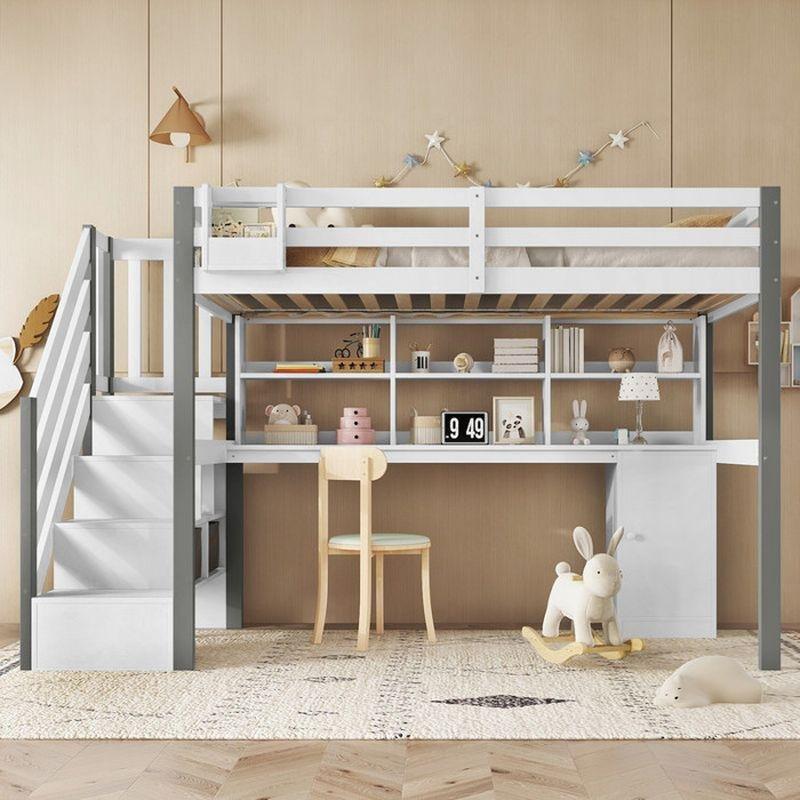 Beyaz Gri Masif Ahşap Entegre Çalışma Masalı ve Merdivenli Ranza - 90x200 cm - 125797
