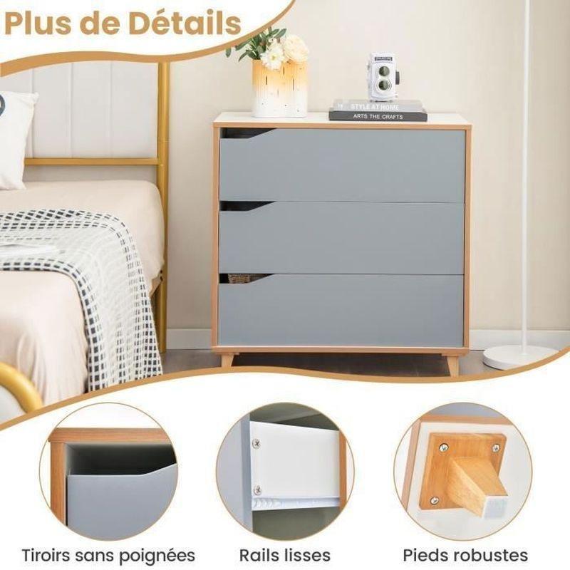 Beyaz Gri MDF ve Masif Ahşap 3 Çekmeceli Modern Şifonyer - 75x42x75 cm - 123756