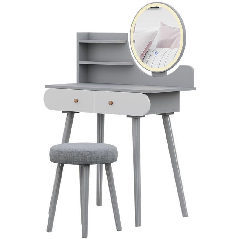 Beyaz Gri MDF Yuvarlak Aynalı LED Işıklı Çekmeceli Tabureli Makyaj Masası - 80x40x121 cm - 121987