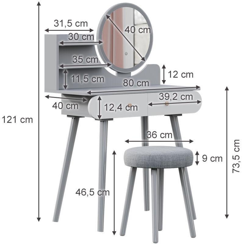 Beyaz Gri MDF Yuvarlak Aynalı LED Işıklı Çekmeceli Tabureli Makyaj Masası - 80x40x121 cm - 121987
