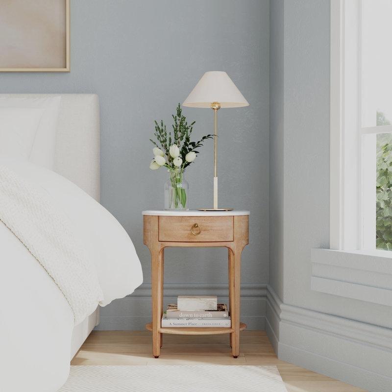 Beyaz Gri Mermer ve Masif Ahşap Çekmeceli Raflı Komodin - 47x36x61 cm - 127966