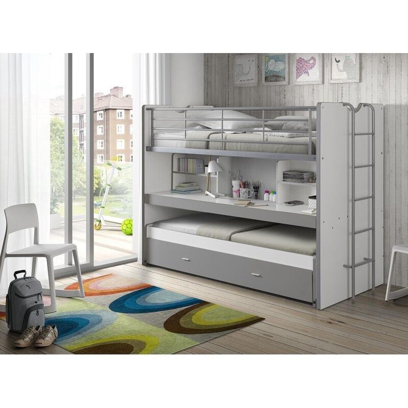 Beyaz Gri Metal Destekli 3 Yataklı Çalışma Masalı Ranza - 90x200 cm - 125037