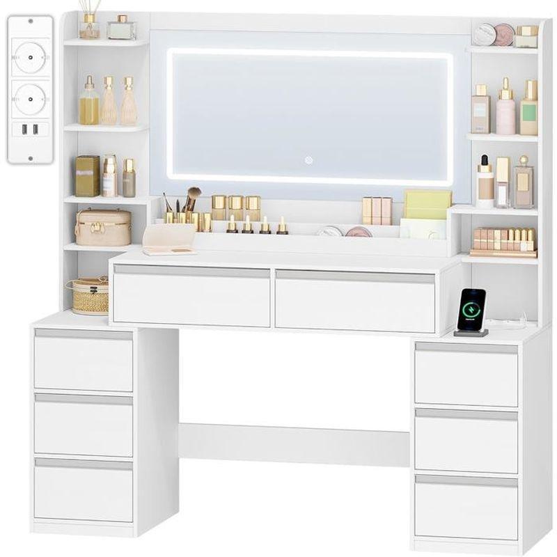 Beyaz Gümüş Detaylı MDF 8 Çekmeceli LED Işıklı ve Prizli Makyaj Masası - 135x40x145 cm - 122395