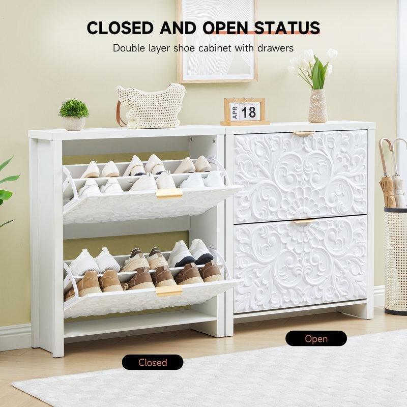 Beyaz Kabartma Desenli Düşer Kapaklı 16 Çift Kapasiteli Ayakkabılık - 80x90 cm - 120715