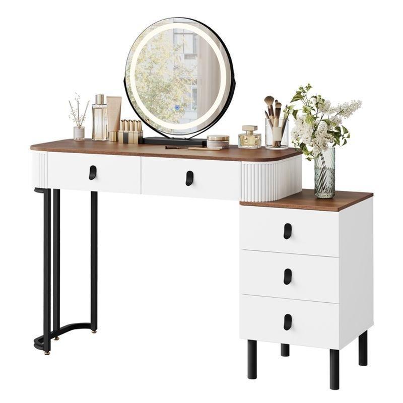 Beyaz Kahverengi Ahşap ve Metal 5 Çekmeceli LED Işıklı Makyaj Masası - 100x40x125 cm - 122251
