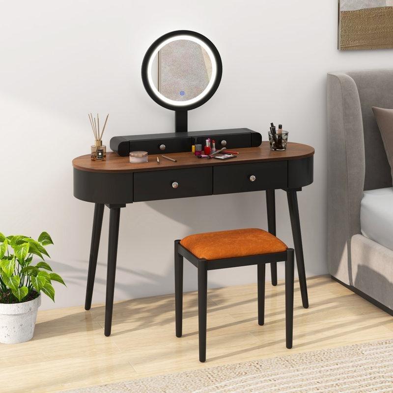 Beyaz Kahverengi Masif Ahşap LED Işıklı Aynalı 4 Çekmeceli Tabureli Makyaj Masası - 120 cm - 121498