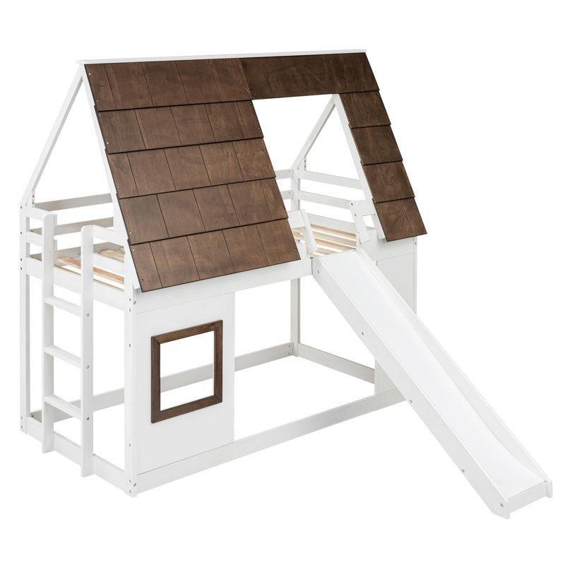 Beyaz Kahverengi Masif Çam ve MDF Kaydıraklı Çatılı Montessori Ranza - 106x199 cm - 124140