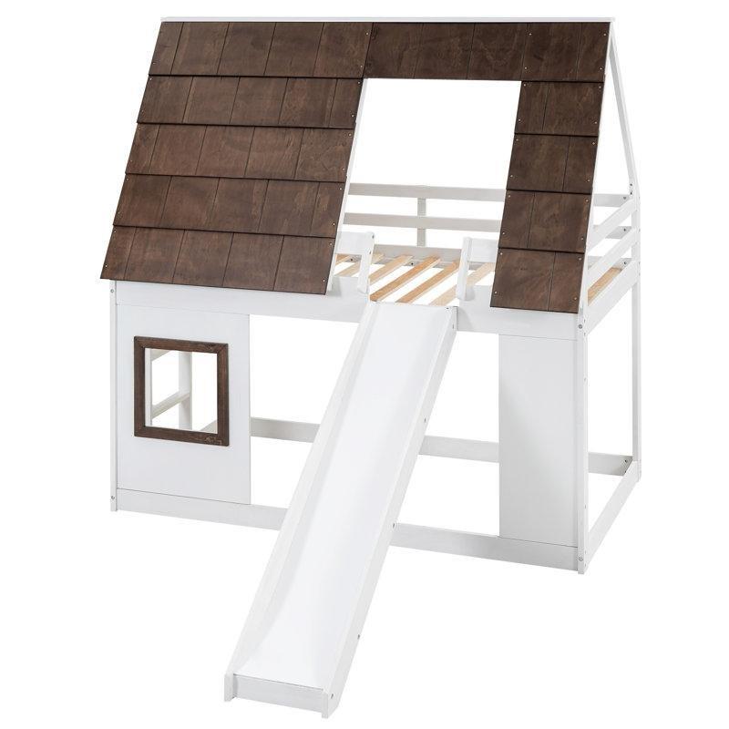 Beyaz Kahverengi Masif Çam ve MDF Kaydıraklı Çatılı Montessori Ranza - 106x199 cm - 124140