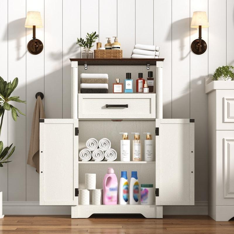 Beyaz Kahverengi Mühendislik Ahşap Raflı Country Banyo Dolabı-60x30x102 cm - 114112