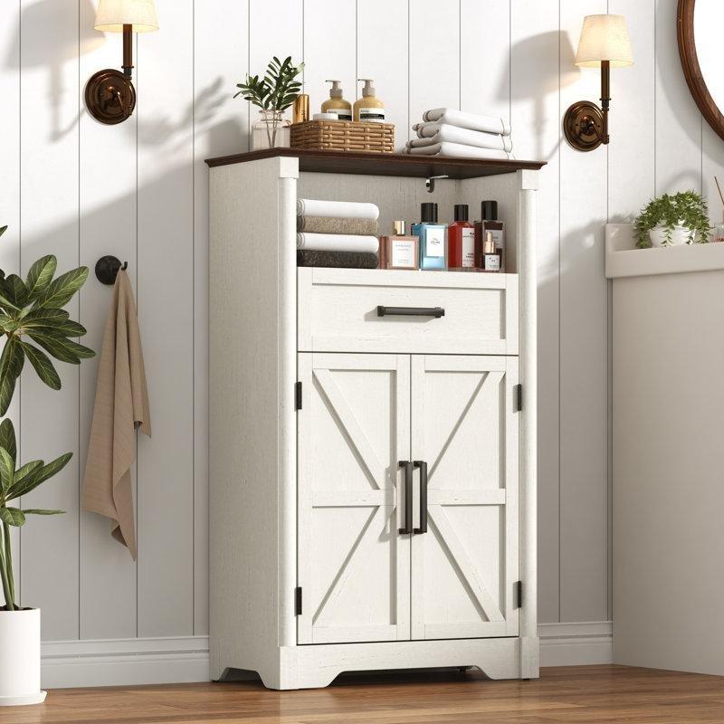 Beyaz Kahverengi Mühendislik Ahşap Raflı Country Banyo Dolabı-60x30x102 cm - 114112