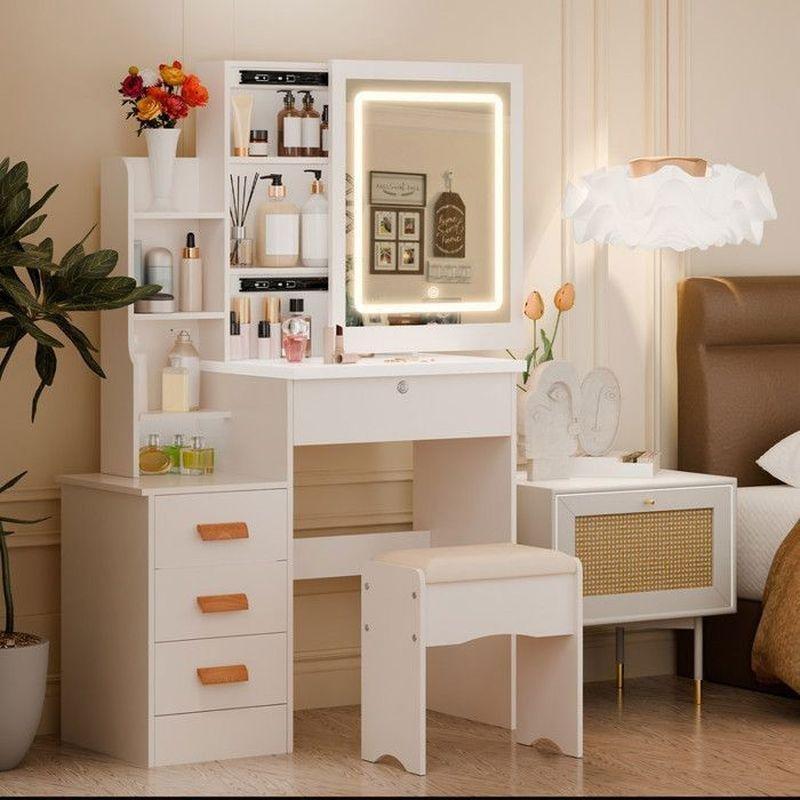 Beyaz Kayar Aynalı Kilitli Çekmeceli Raflı Makyaj Masası - 80x40x135 cm - 122296