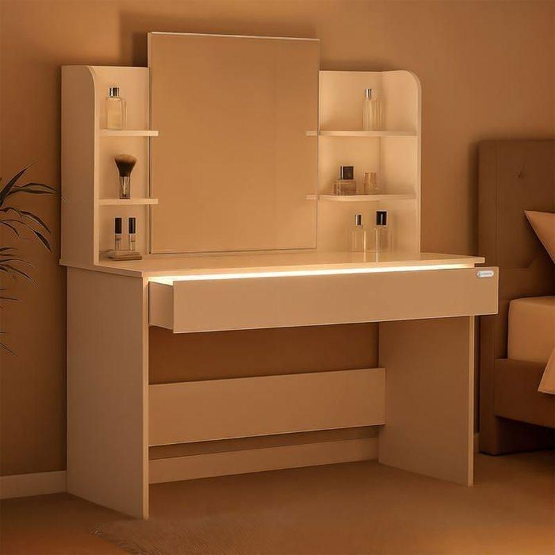 Beyaz LED Aydınlatmalı Aynalı Çekmeceli Raflı Makyaj Masası - 110 cm - 122386
