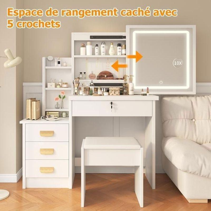 Beyaz LED Işıklı Aynalı 4 Çekmeceli ve Raflı Tabureli Makyaj Masası - 87x36x136 cm - 122428
