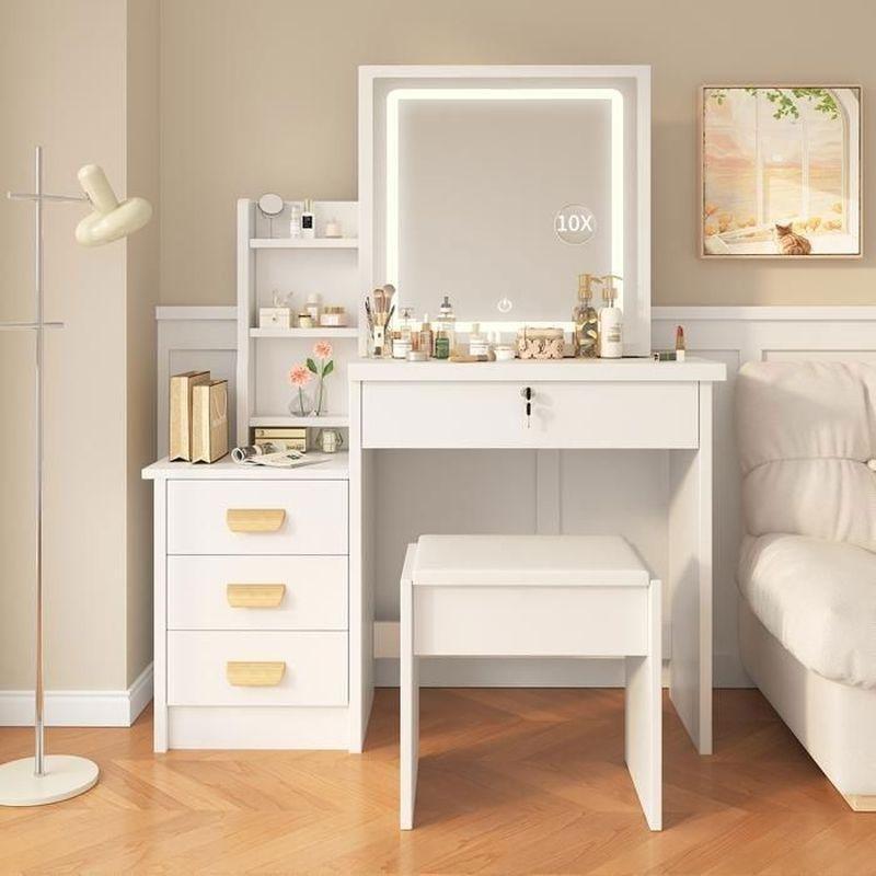 Beyaz LED Işıklı Aynalı 4 Çekmeceli ve Raflı Tabureli Makyaj Masası - 87x36x136 cm - 122428