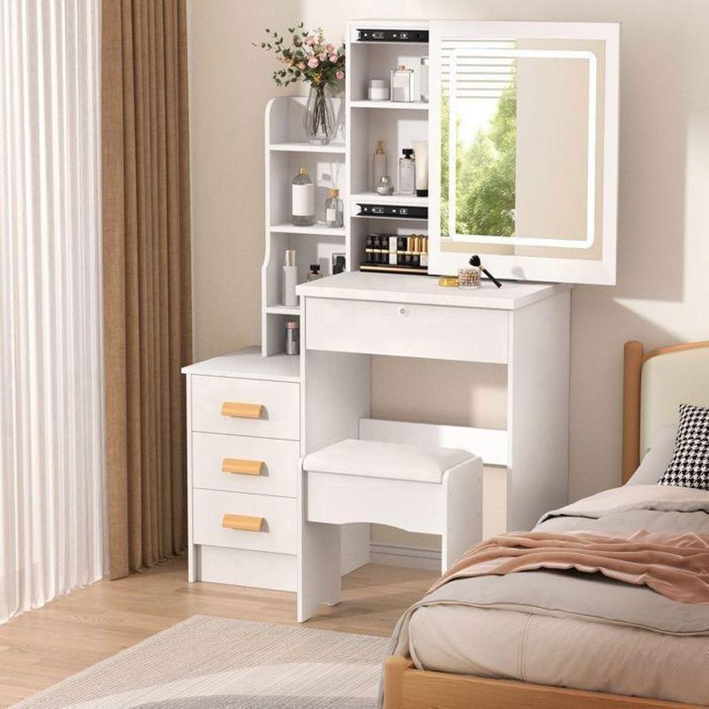 Beyaz LED Işıklı Sürgülü Aynalı Çekmeceli Makyaj Masası - 80x36x130 cm - 122173