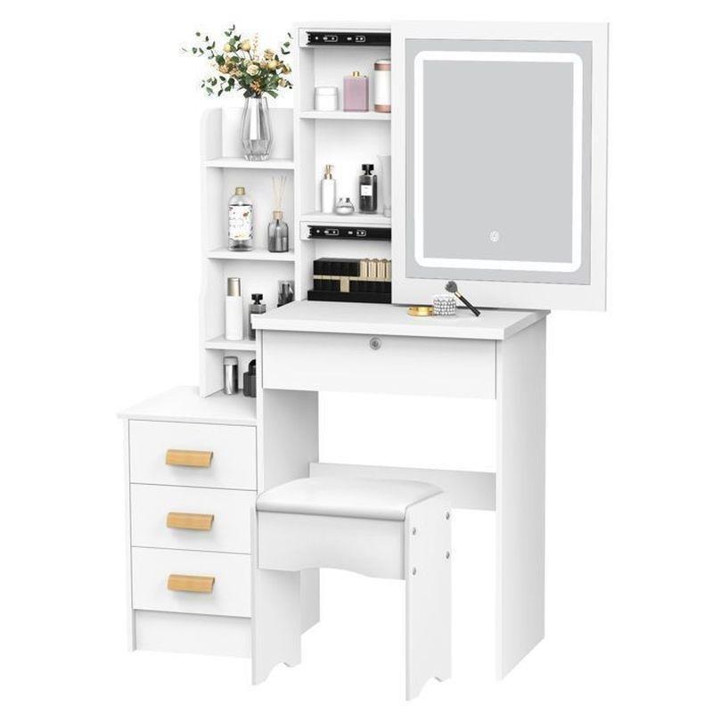 Beyaz LED Işıklı Sürgülü Aynalı Çekmeceli Makyaj Masası - 80x36x130 cm - 122173