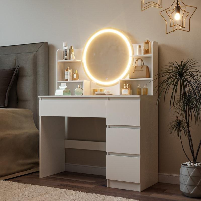 Beyaz LED Işıklı Yuvarlak Aynalı 4 Çekmeceli Raflı Makyaj Masası - 100x40x139 cm - 121702
