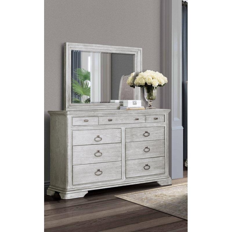 Beyaz Masif Ahşap 9 Çekmeceli Aynalı Şifonyer - 158 cm - 123915