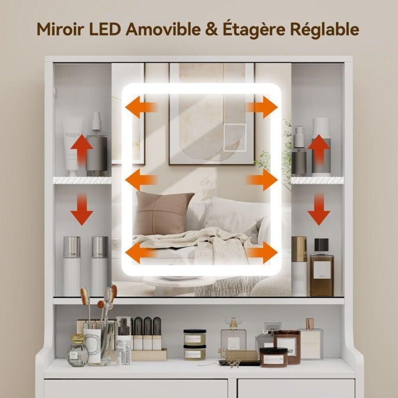 Beyaz Masif Ahşap Ayaklı LED Işıklı ve Kayar Aynalı Tabureli Makyaj Masası - 60x40x139 cm - 122062