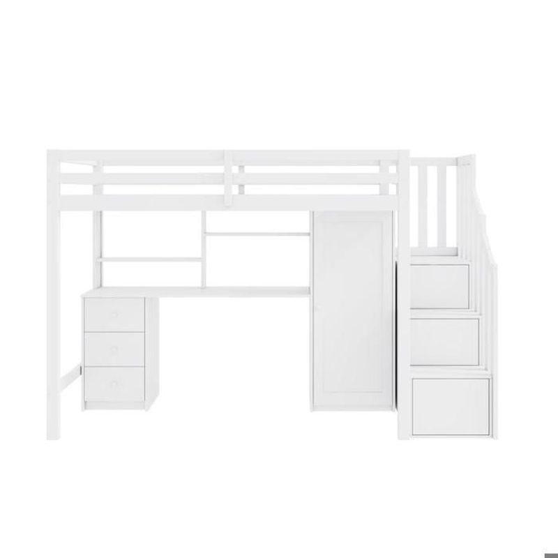 Beyaz Masif Ahşap Çalışma Masalı Dolaplı ve Merdivenli Ranza - 90x200 cm - 125761