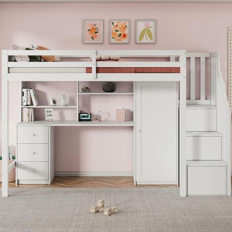 Beyaz Masif Ahşap Çalışma Masalı Dolaplı ve Merdivenli Ranza - 90x200 cm - 125761