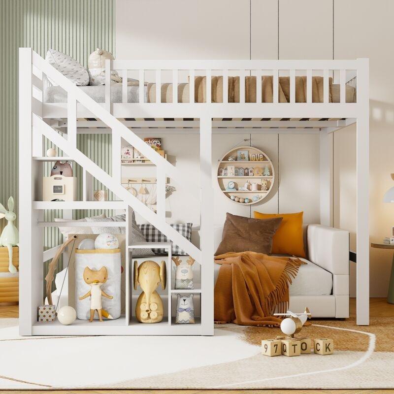 Beyaz Masif Ahşap Depolama Raflı ve Merdivenli Ranza - 90x200 cm - 124962