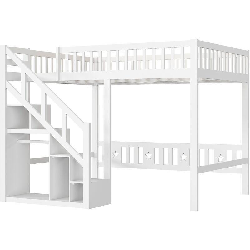 Beyaz Masif Ahşap Depolama Raflı ve Merdivenli Ranza - 90x200 cm - 124962