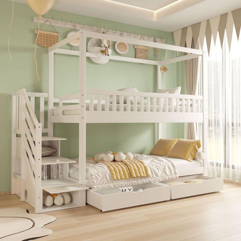 Beyaz Masif Ahşap Depolamalı Merdiven ve Çekmece Özellikli Ranza - 90x200 cm - 125110