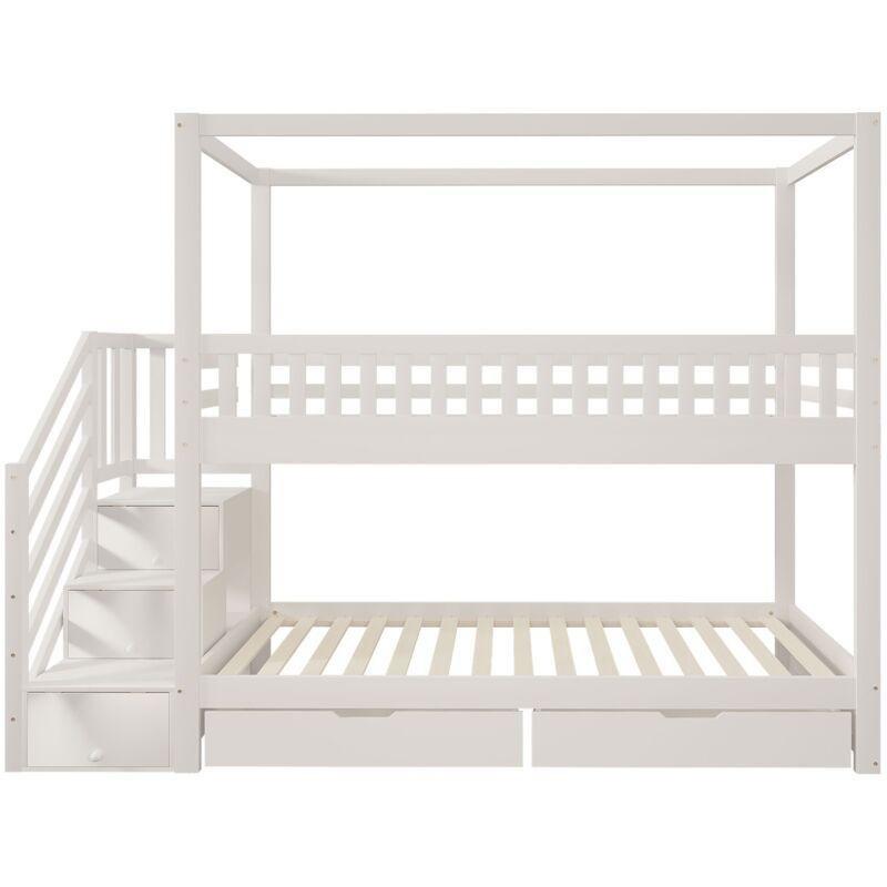 Beyaz Masif Ahşap Depolamalı Merdiven ve Çekmece Özellikli Ranza - 90x200 cm - 125110