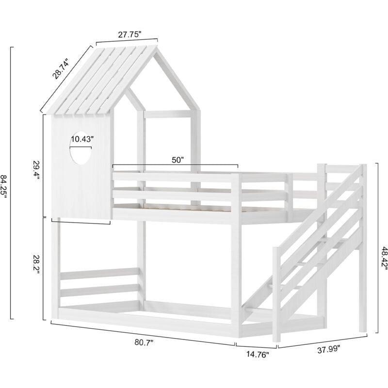 Beyaz Masif Ahşap Ev Görünümlü Merdivenli Ranza - 90x200 cm - 124804