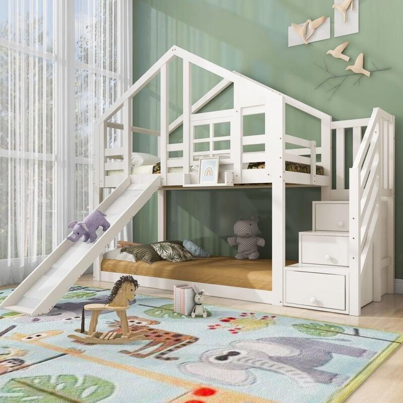 Beyaz Masif Ahşap Ev Tasarımlı Çekmeceli Merdivenli ve Yazı Tahtalı Ranza - 90x200 cm - 125205