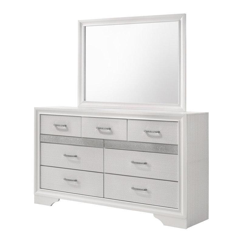 Beyaz Masif Ahşap Gizli Takı Bölmeli ve Kristal Kulplu Aynalı Şifonyer - 160x194 cm - 123969