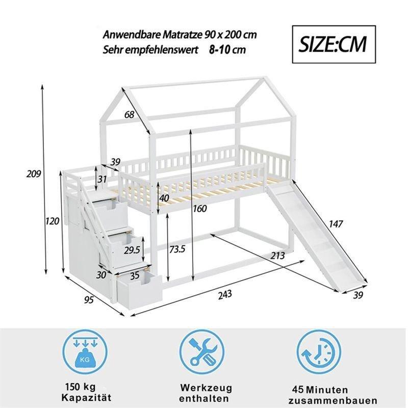 Beyaz Masif Ahşap Kaydıraklı ve Depolamalı Merdivenli Çatılı Ranza - 90x200 cm - 125665