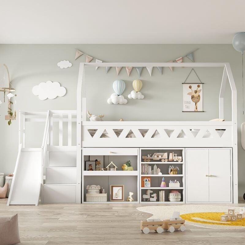 Beyaz Masif Ahşap Kaydıraklı ve Dolaplı Çatılı Ranza - 90x200 cm - 124923