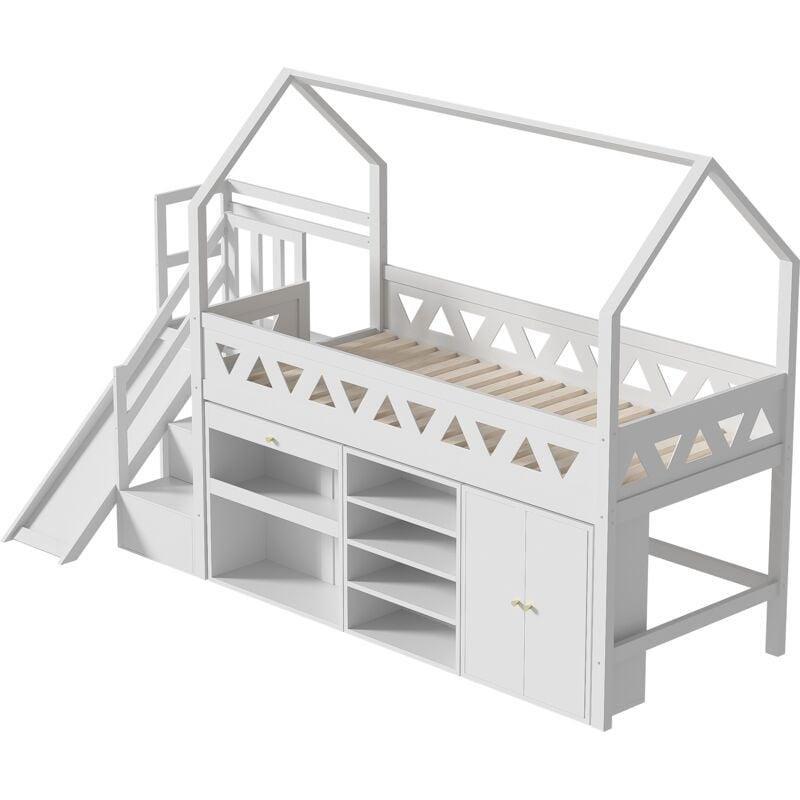 Beyaz Masif Ahşap Kaydıraklı ve Dolaplı Çatılı Ranza - 90x200 cm - 124923