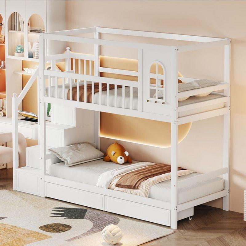 Beyaz Masif Ahşap Merdivenli ve Çekmeceli Ev Tasarımlı Ranza - 90x200 cm - 125404