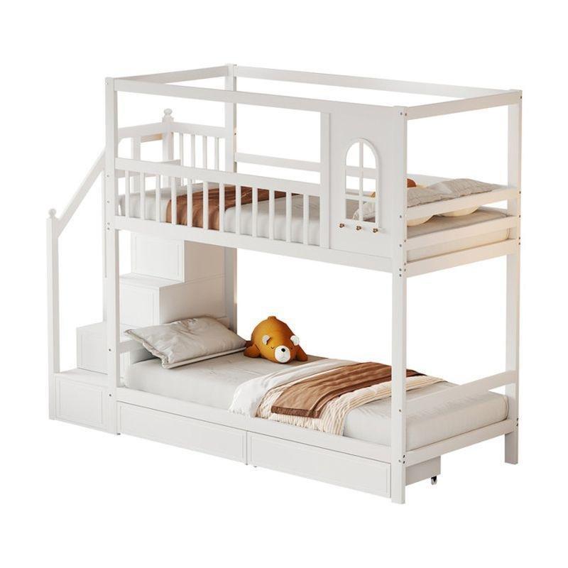 Beyaz Masif Ahşap Merdivenli ve Çekmeceli Ev Tasarımlı Ranza - 90x200 cm - 125404